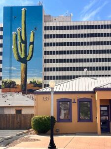 Giant cactus mural on downtown Tucson building.