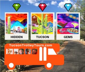 Cartoon trolley with Hidden, Tucson, and Gems tour themes shown as colorful gems.