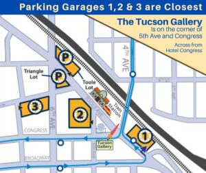 Map indicating parking options near Tucson Gallery, including street parking and nearby lots.