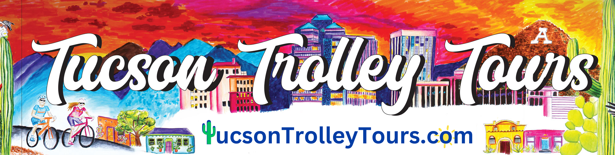 Colorful, hand-painted Tucson Trolley Tours logo showcasing downtown Tucson’s skyline, vibrant desert sunset, iconic saguaros, and local bicyclists.