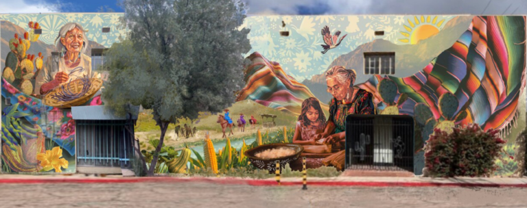 Large Tucson mural with desert landscape, woven textiles, cactus, and family scenes on the Downtown West route.